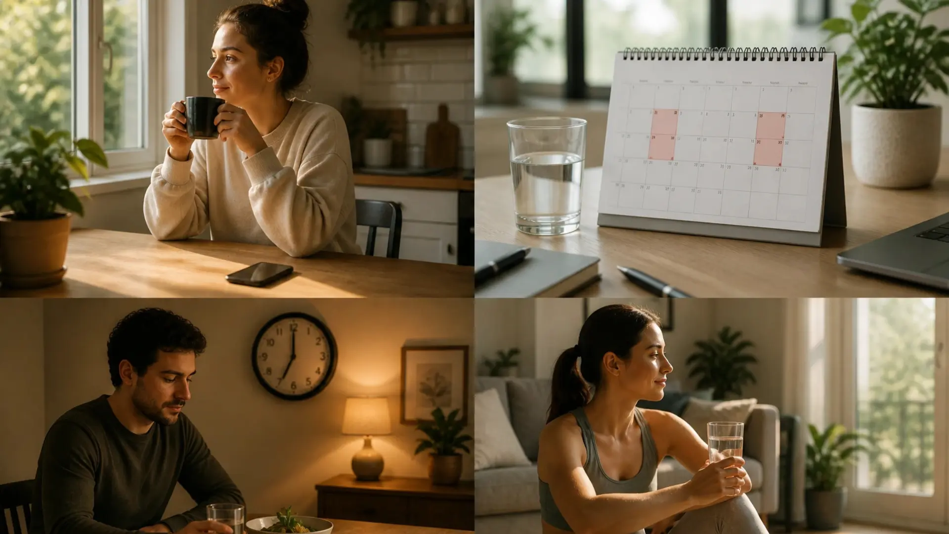 four panel showing morning coffee, weekly planner with marked days, quiet dinner moment, and woman relaxing with water (1)