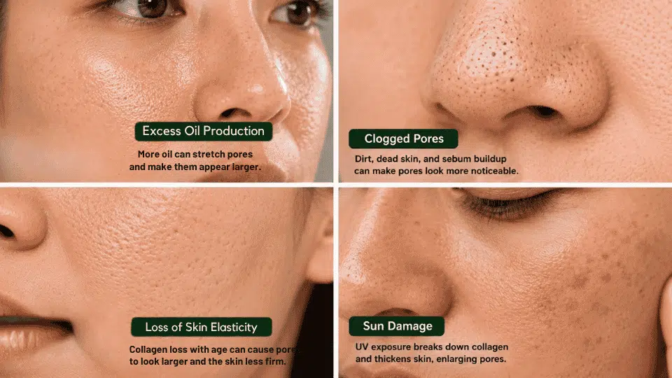 four panel skin grid showing oiliness blackheads rough texture and sun affected skin