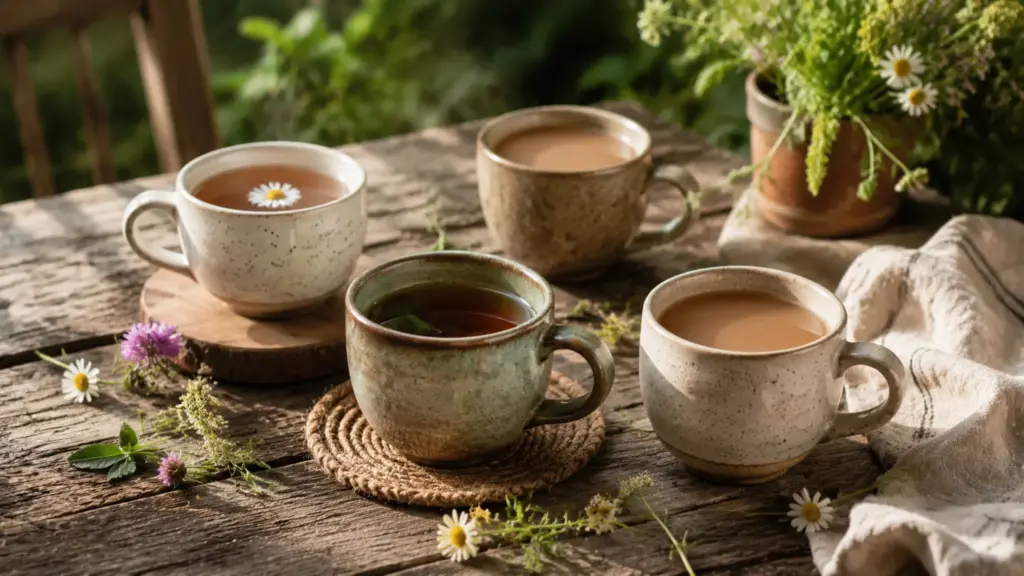 four rustic ceramic cups of tea on a wooden table, surrounded by flowers and soft linen, with greenery in background