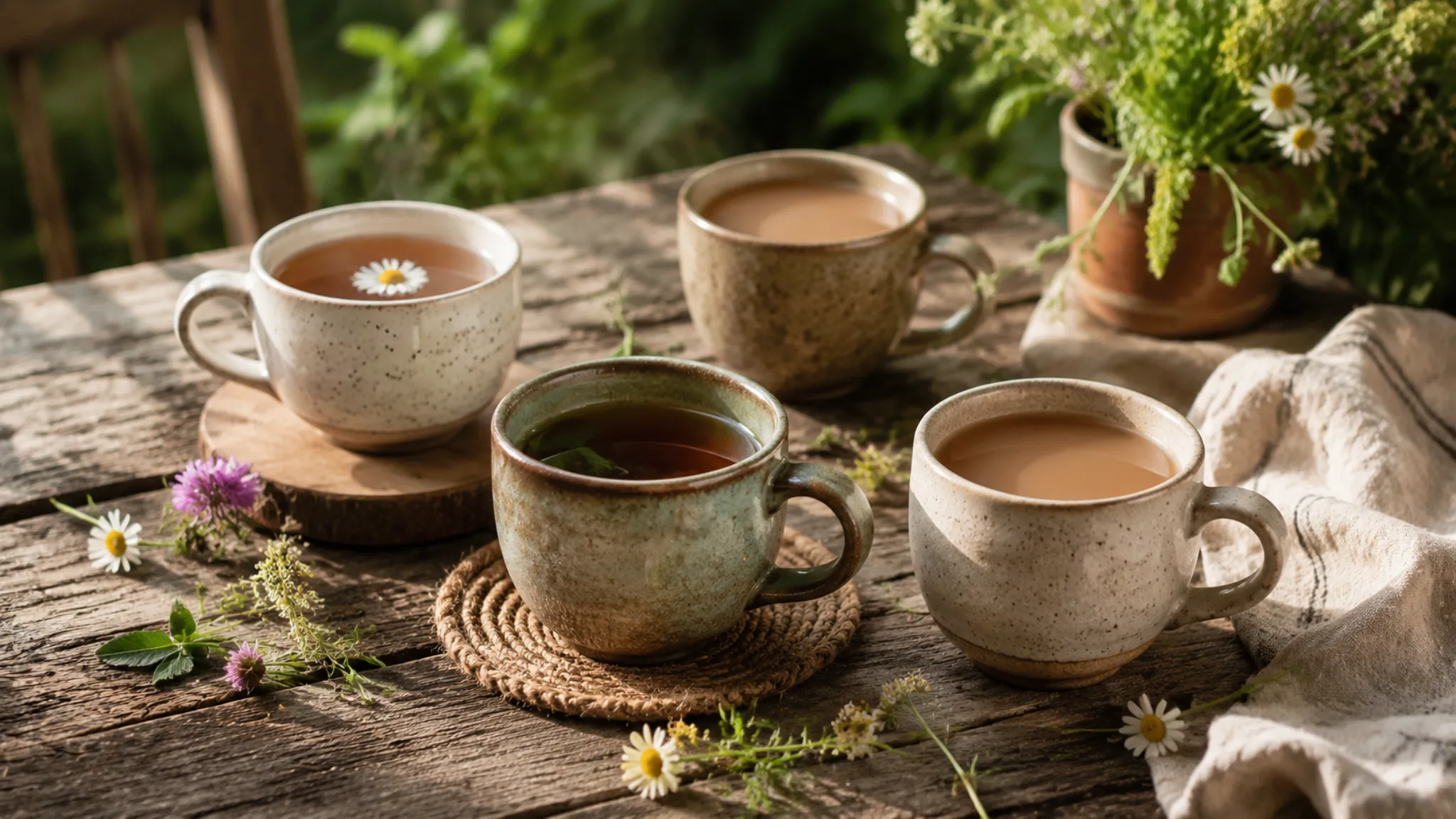 four rustic ceramic cups of tea on a wooden table, surrounded by flowers and soft linen, with greenery in background