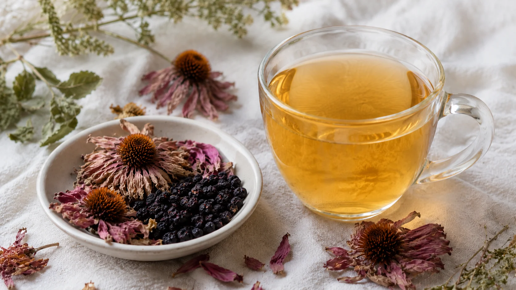 four rustic ceramic cups of tea on a wooden table, surrounded by wildflowers and soft linen, with greenery in background
