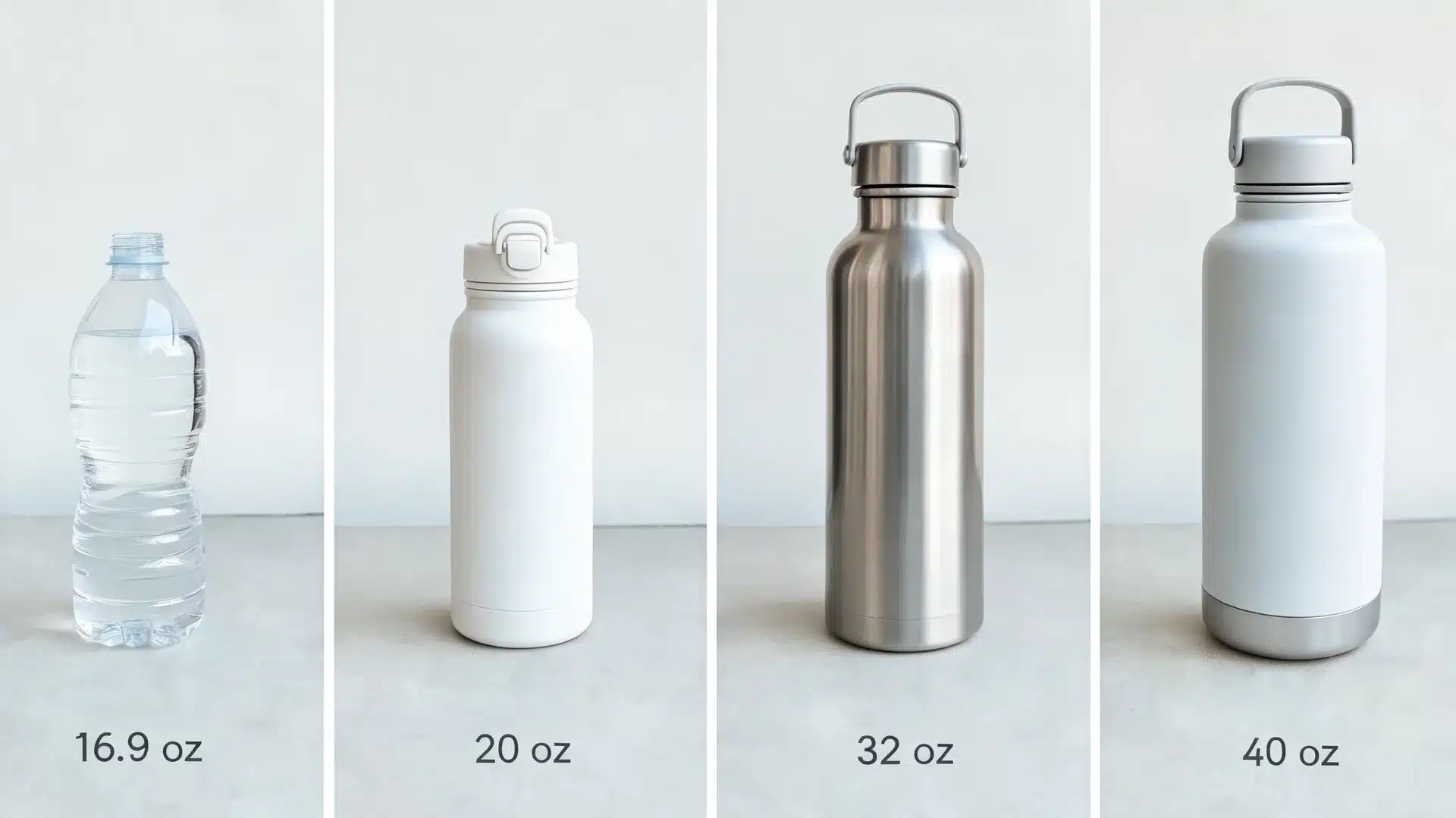 four water bottles of different sizes including plastic and reusable bottles labeled 16.9 oz 20 oz 32 oz and 40 oz