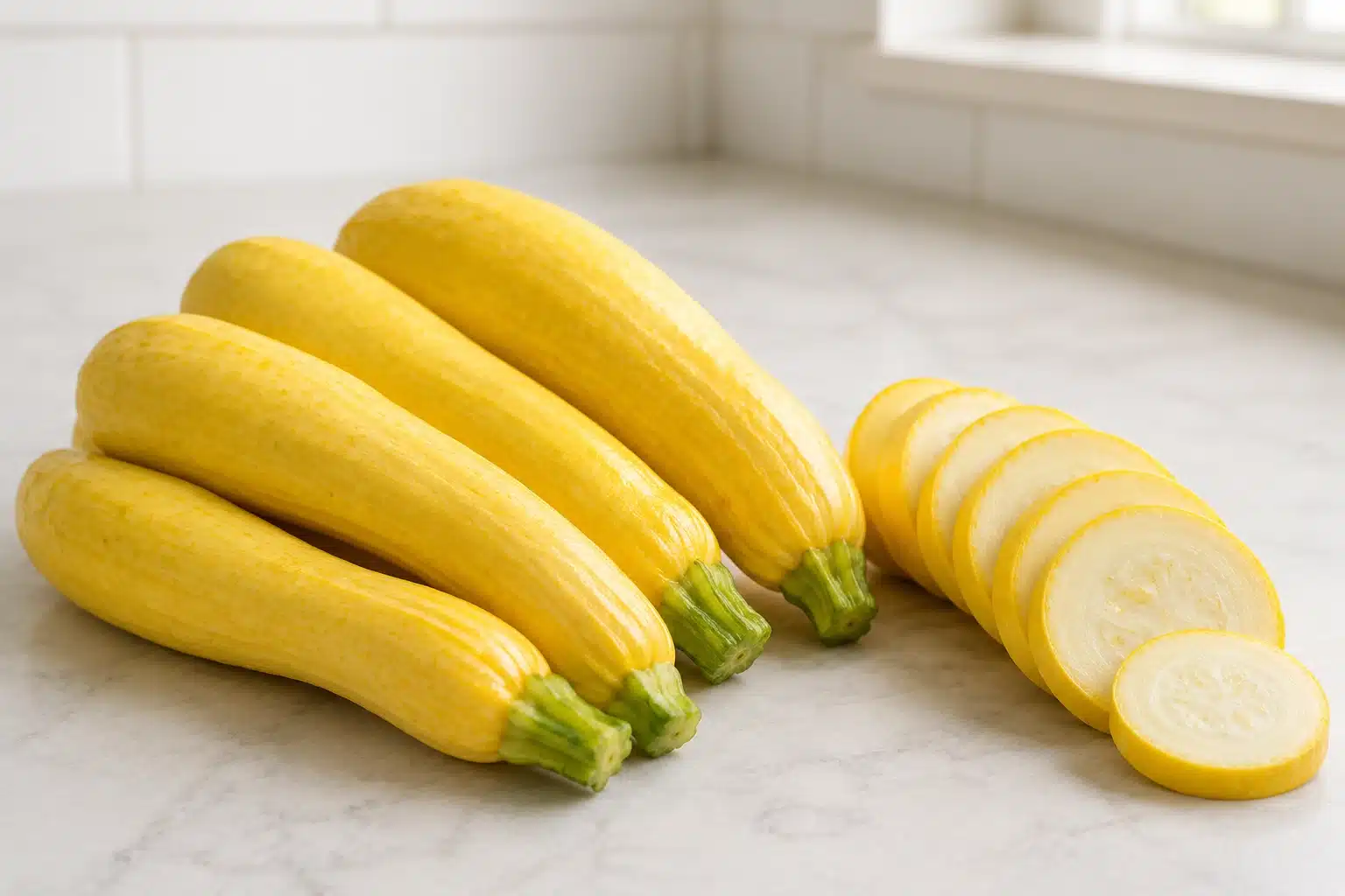 four whole yellow squash with green stems and several round slices, arranged on light kitchen surface with soft lighting