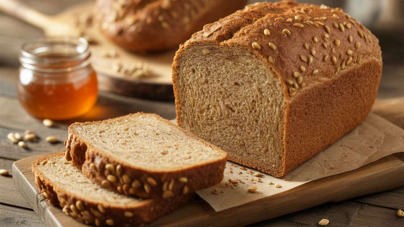fresh ezekiel bread with sprouted grains, sliced to show dense texture, with grains scattered around