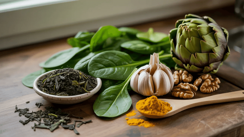 fresh liver-supporting ingredients including spinach garlic turmeric walnuts artichoke and green tea