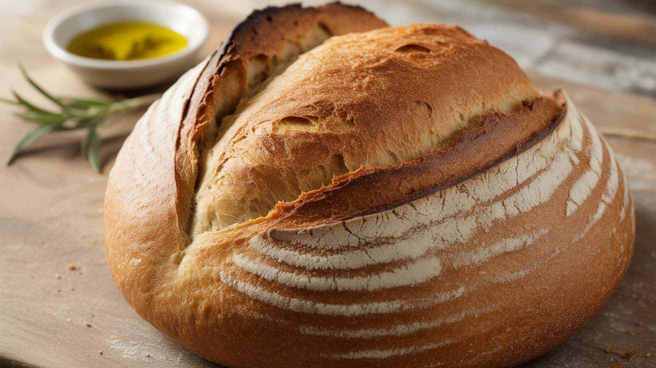 fresh sourdough loaf with airy crumb and golden-brown crust, with olive oil and herbs