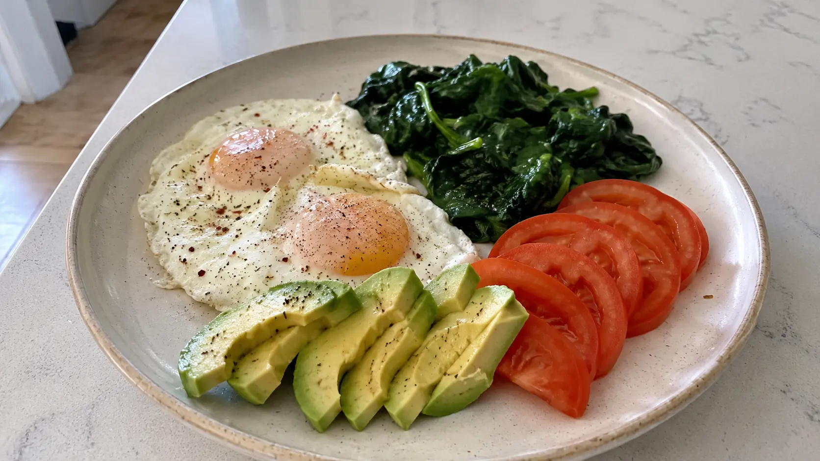 fried eggs spinach tomatoes and avocado on a plate