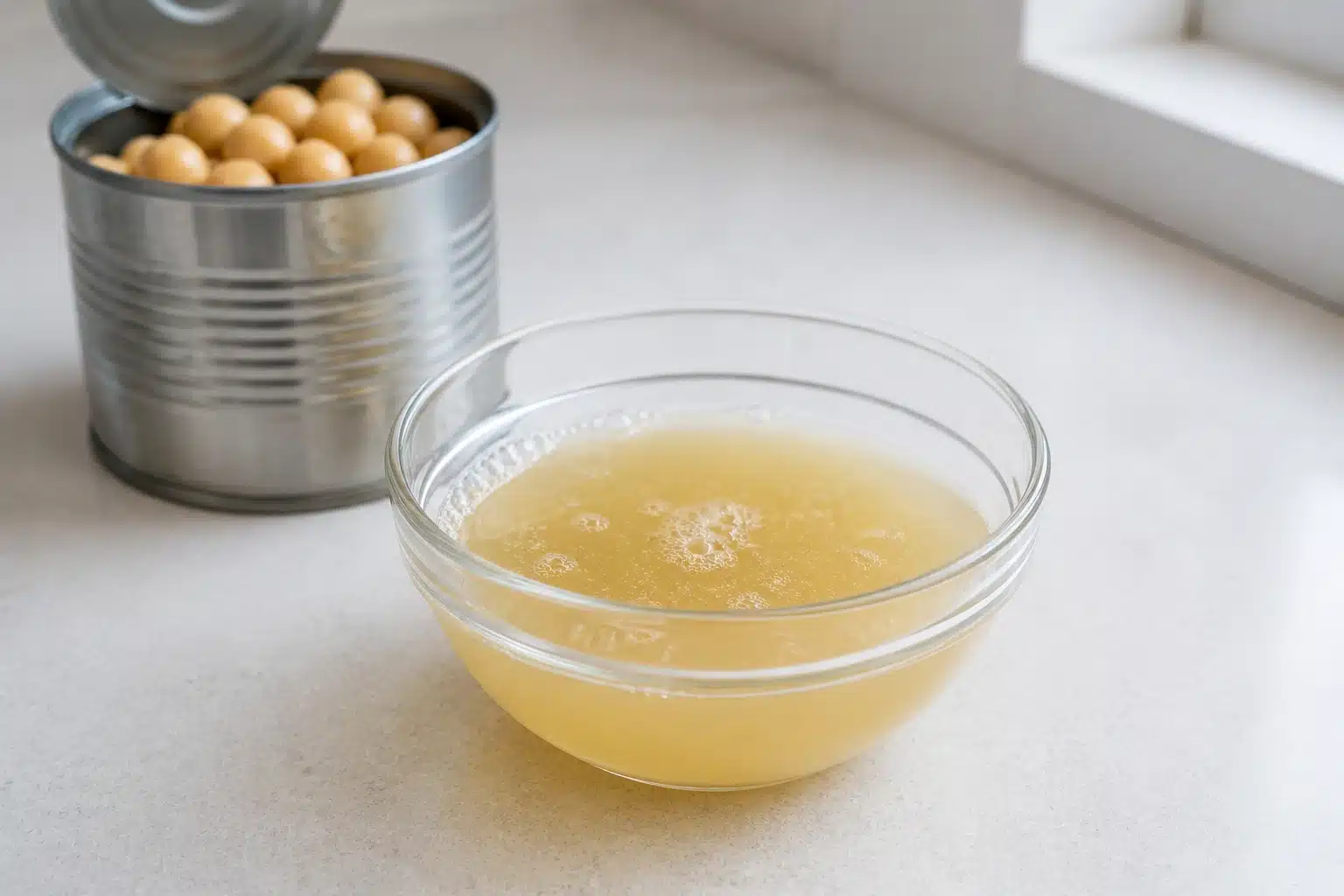 glass bowl of aquafaba with light foam on surface, open can of chickpeas behind on pale counter, soft natural light