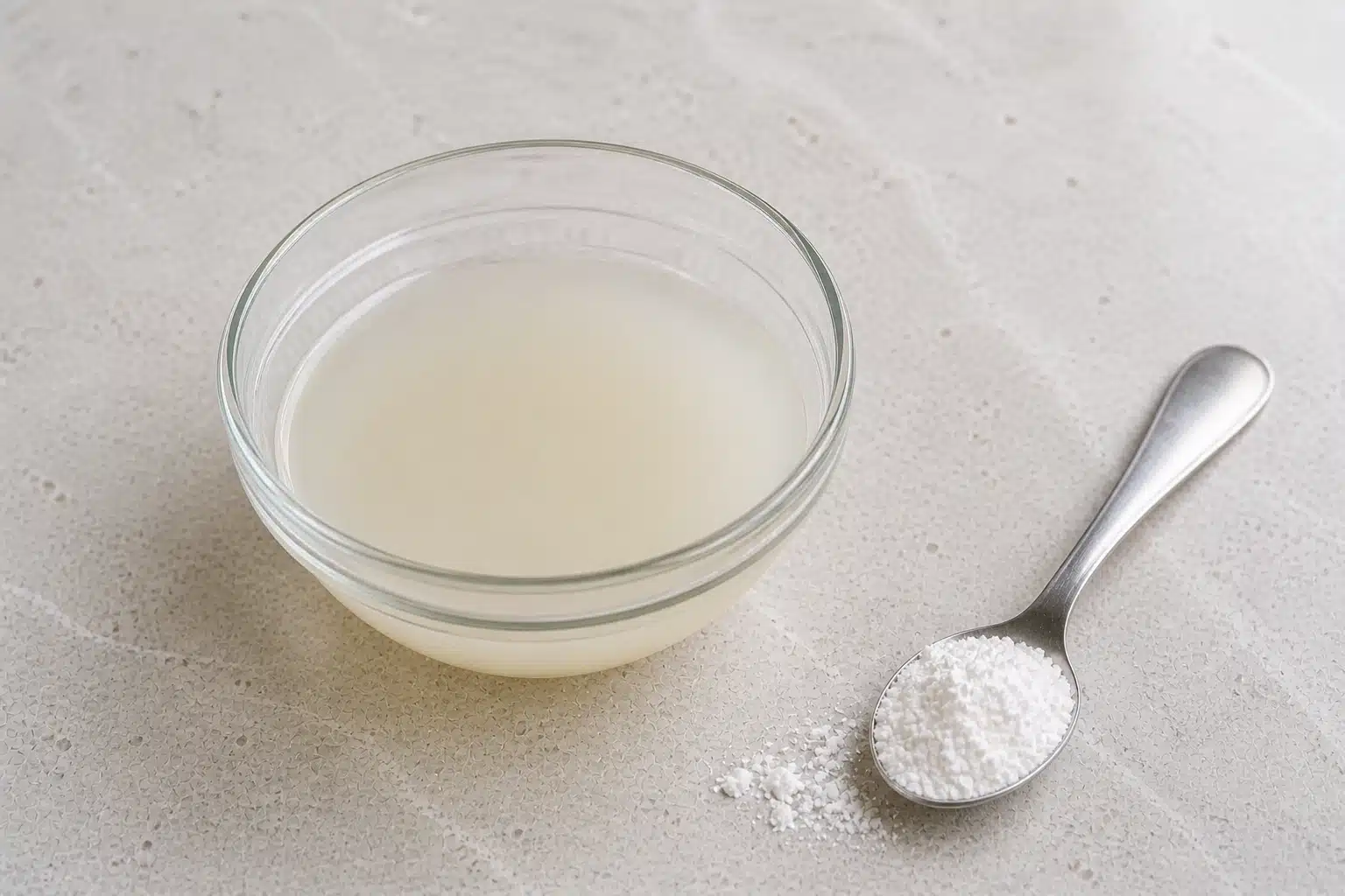glass bowl with slightly pale yellow arrowroot and water mixture, metal spoon holding fine white powder beside