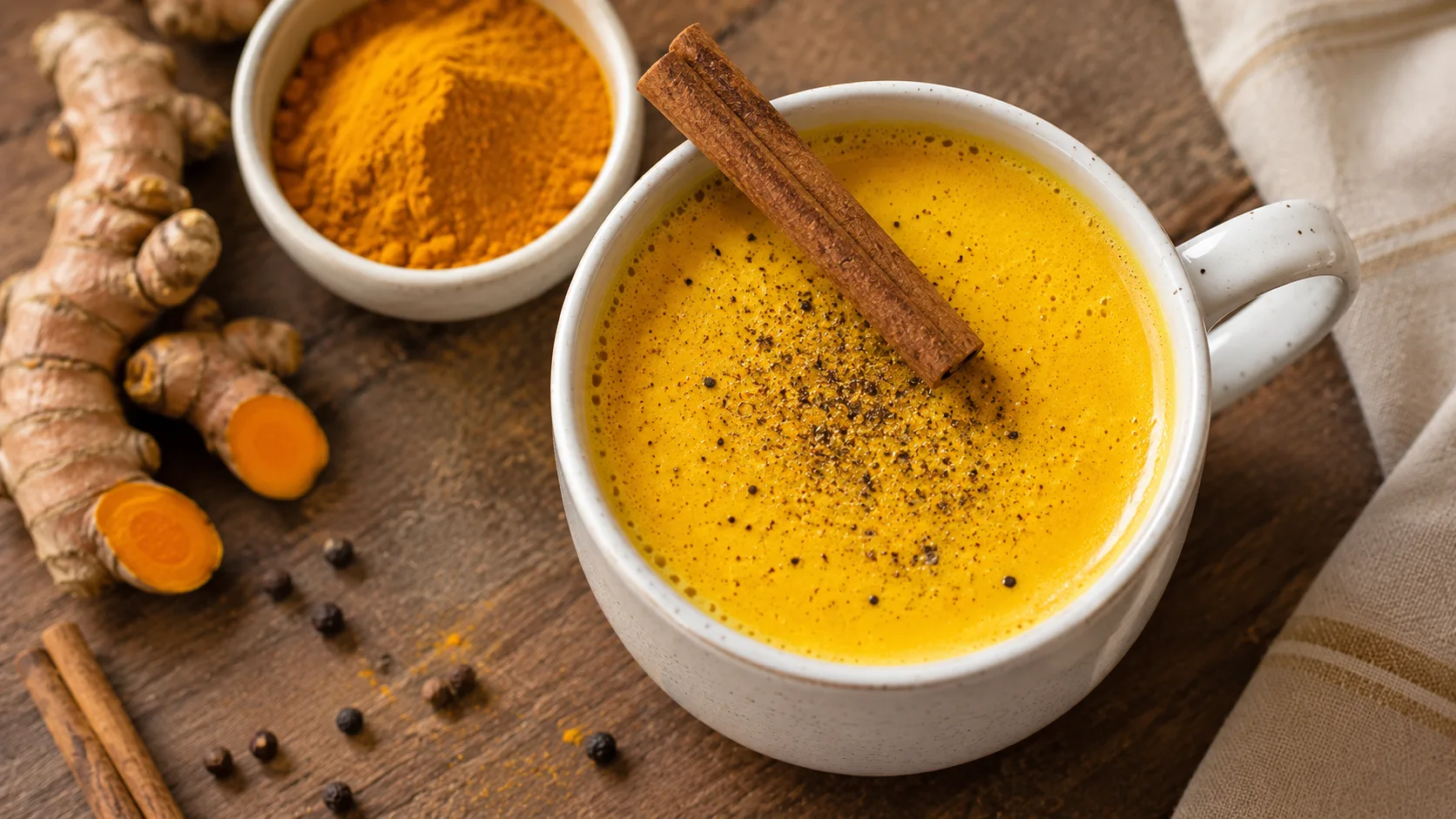 golden turmeric tea in white ceramic mug with cinnamon stick, black pepper, turmeric powder, and fresh turmeric on table