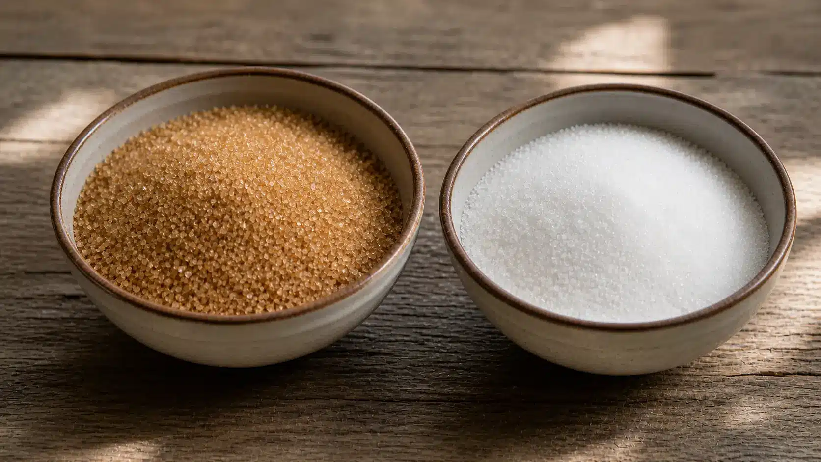 granulated brown sugar and white sugar in ceramic bowls on a rustic wooden table