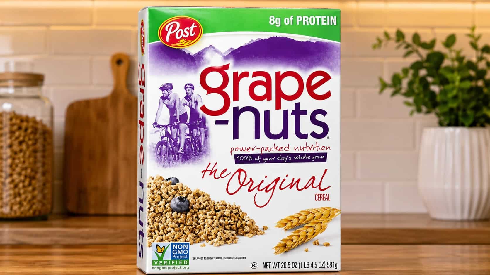 grape nuts cereal box on a polished wooden kitchen shelf with clean packaging visible in a bright kitchen scene