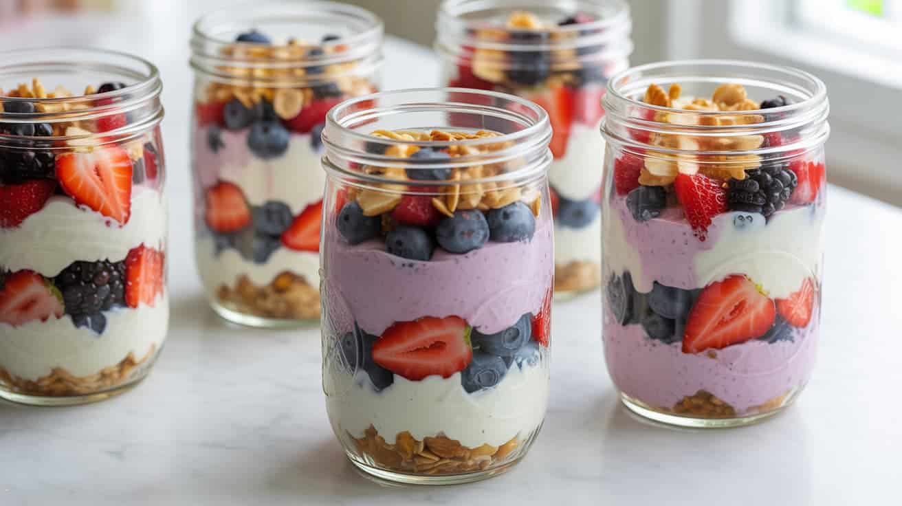 greek yogurt parfait with berries, honey, and granola in a mason jar