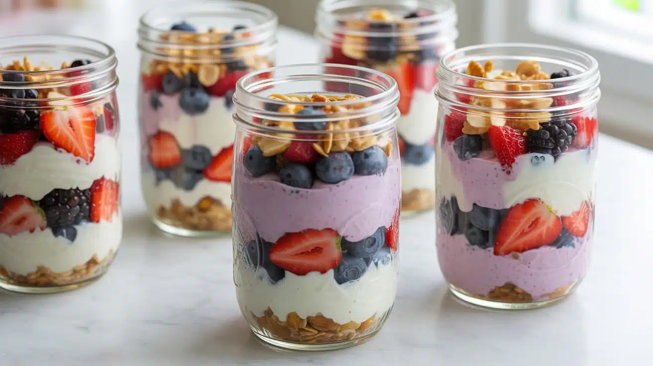 greek yogurt parfait with berries, honey, and granola in a mason jar