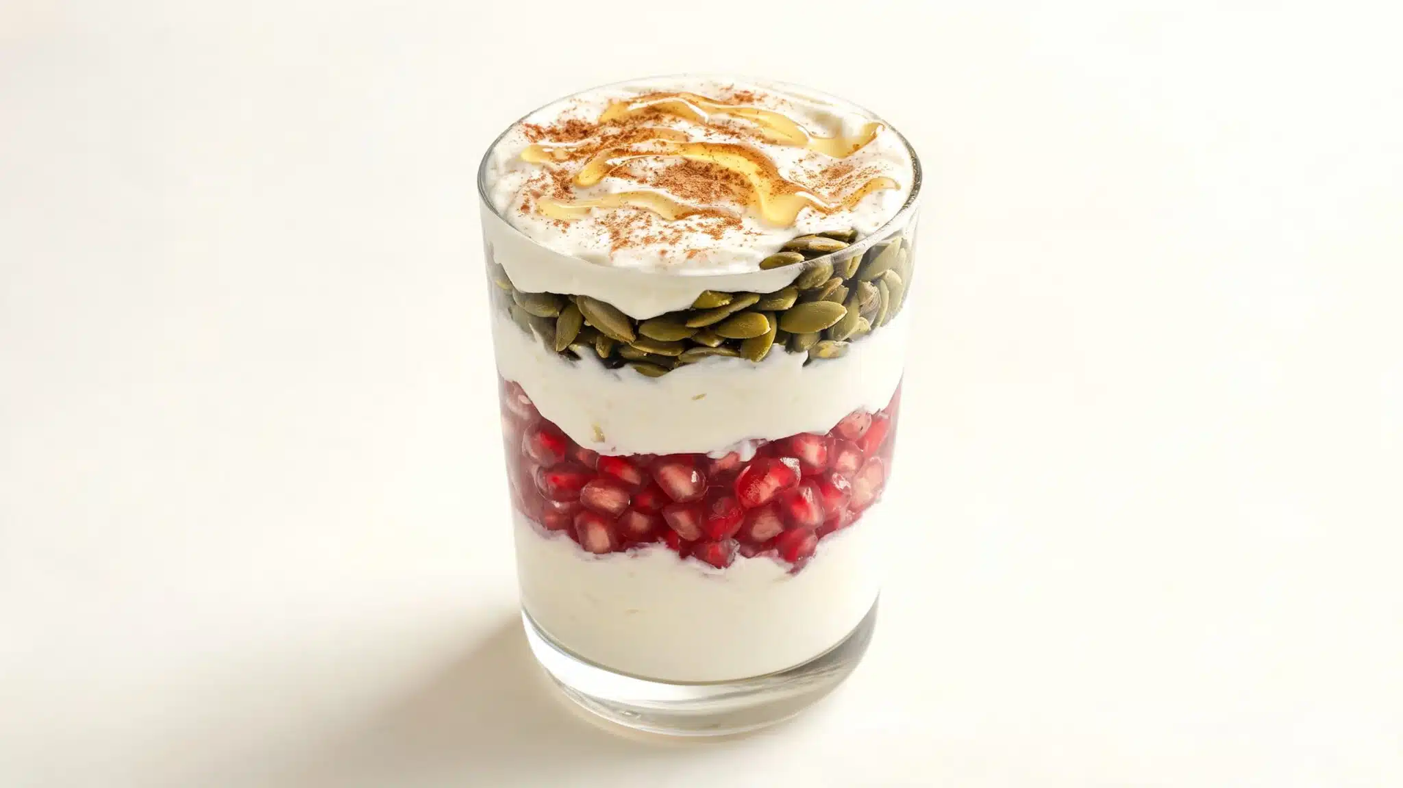 greek yogurt parfait with pomegranate seeds and pumpkin seeds in a clear glass