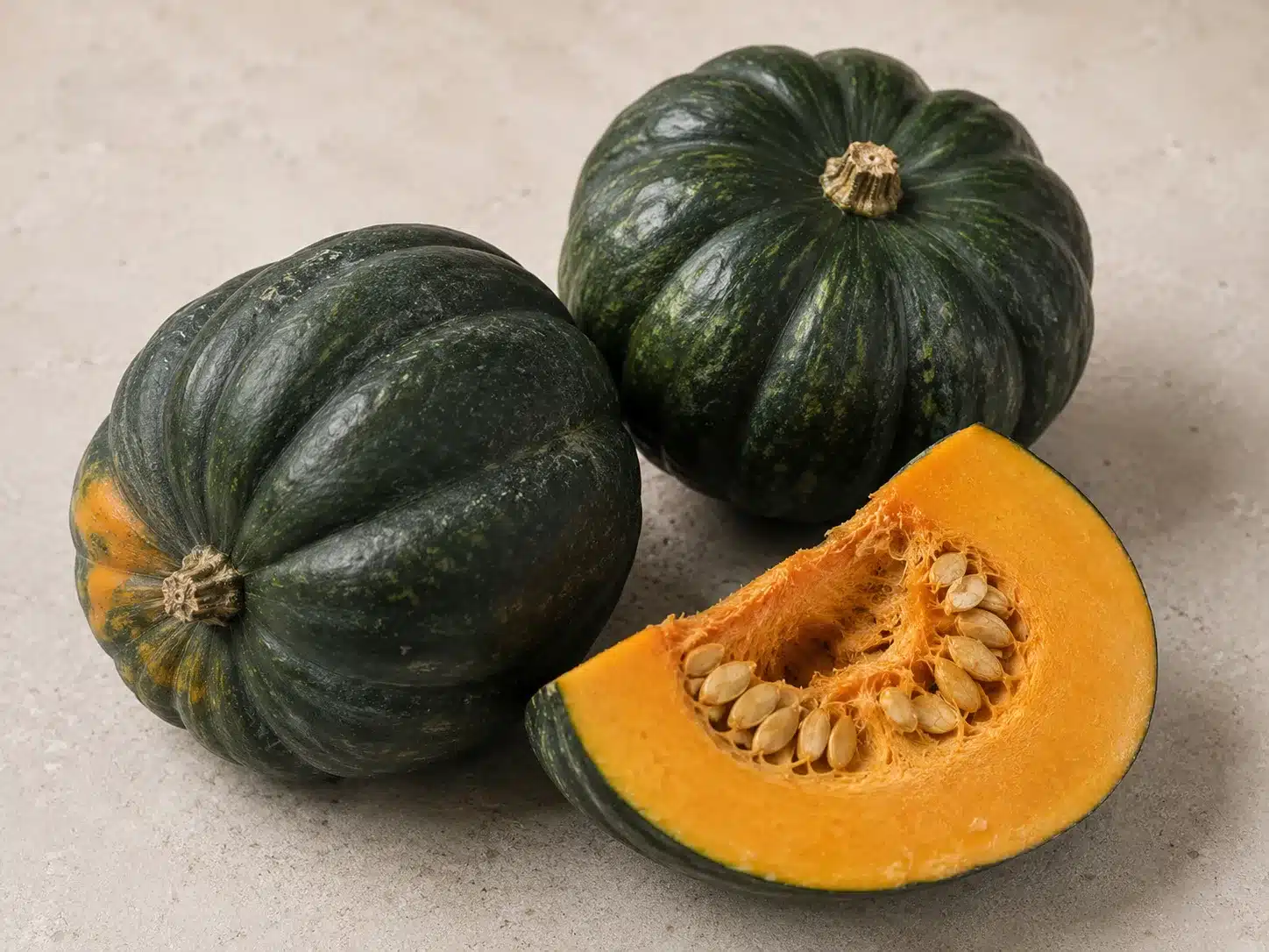 green acorn squash and sliced wedge showing orange flesh and seeds, arranged on neutral surface with soft lighting