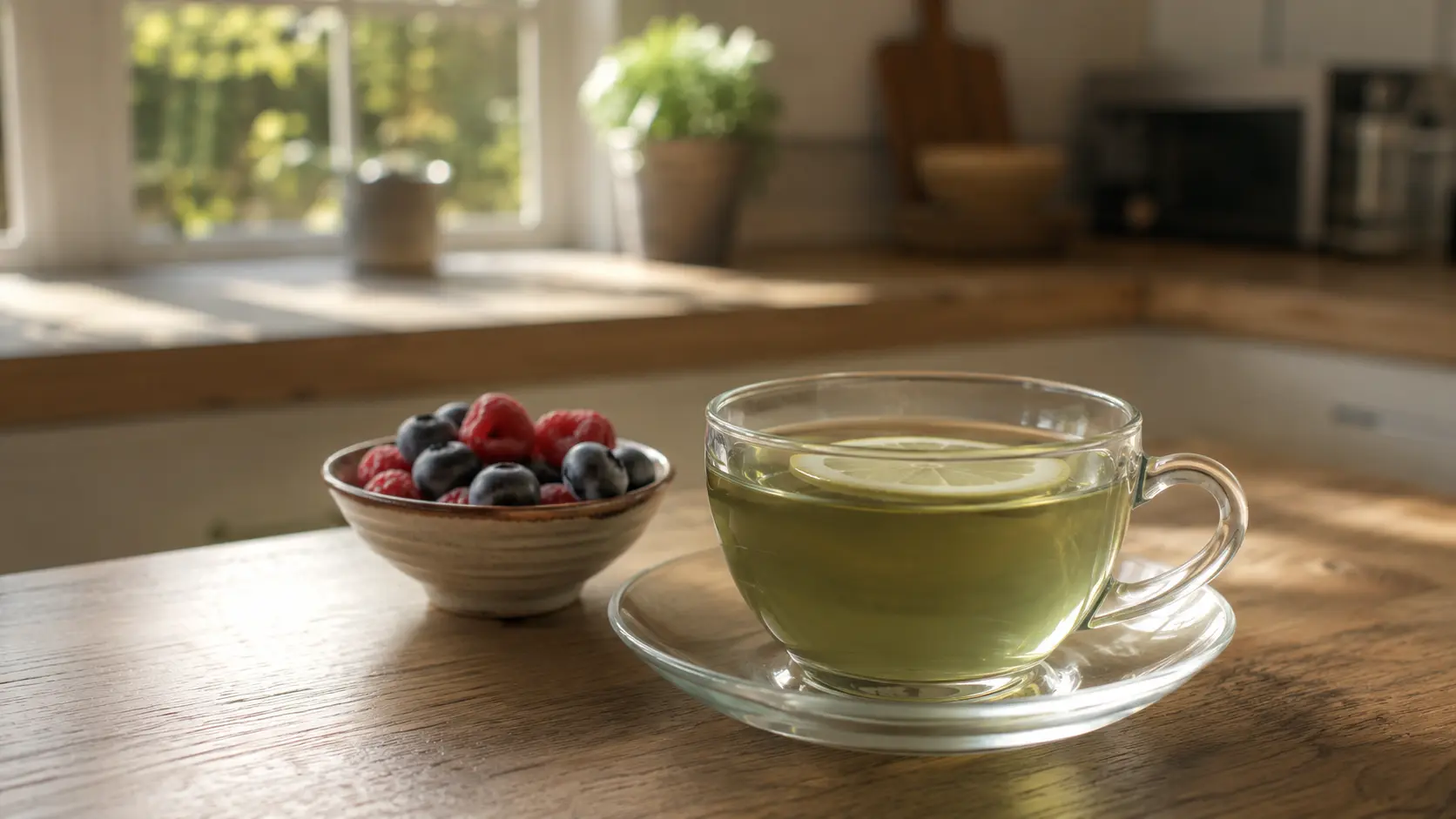 green tea with lemon and berries on a wooden table