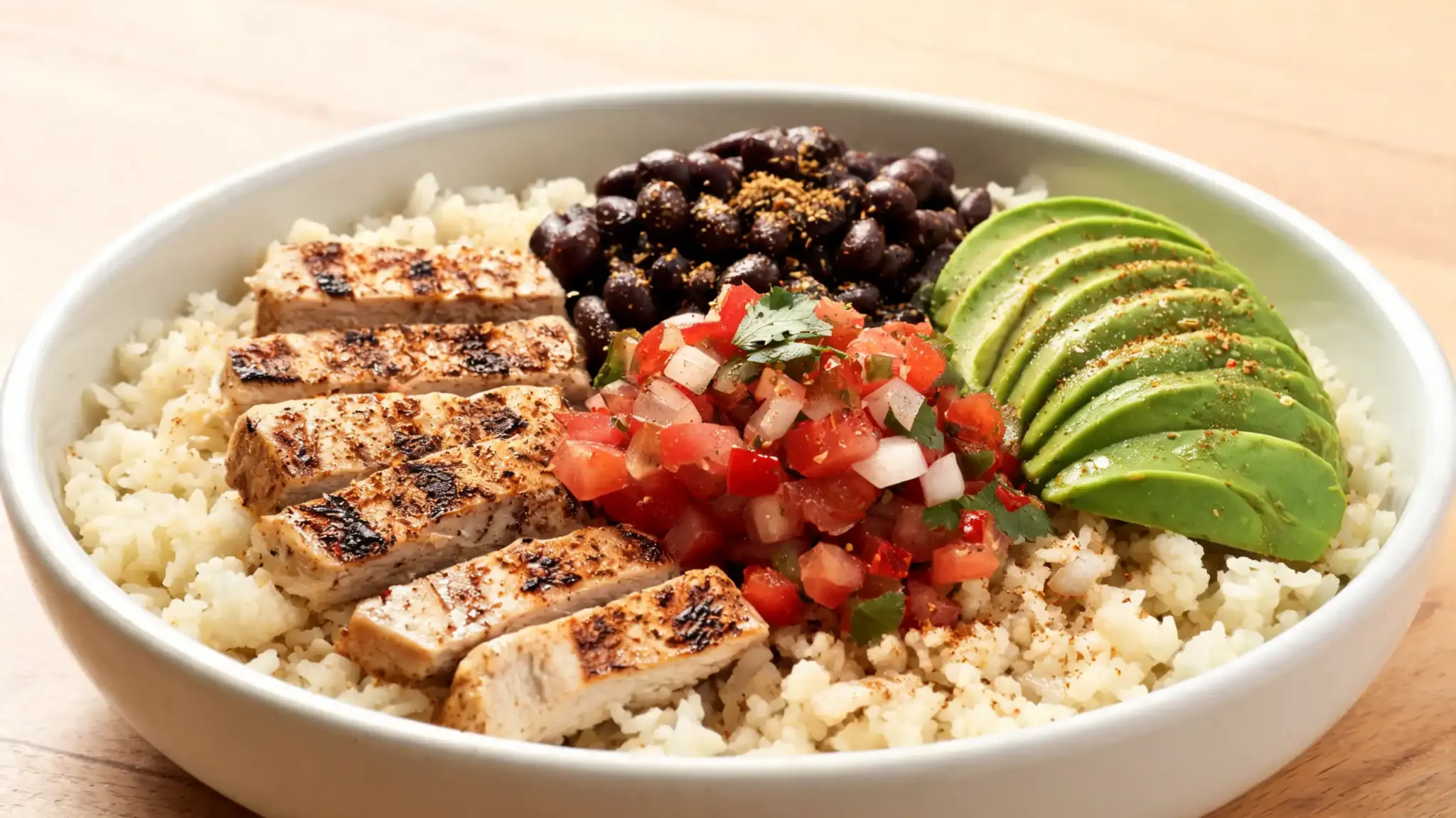grilled chicken over cauliflower rice with black beans, pico de gallo, and avocado in a hearty bowl.