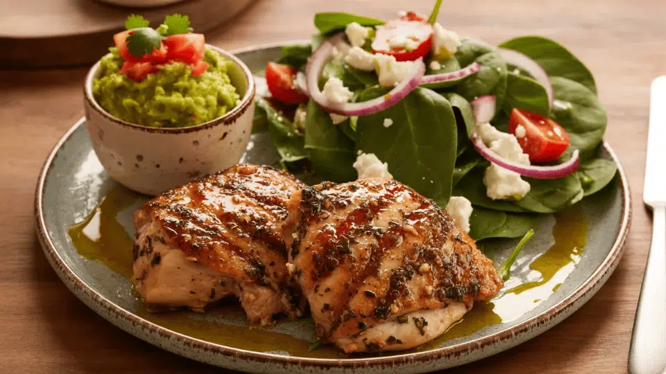 grilled chicken thighs with guacamole and a spinach feta salad served on a ceramic plate