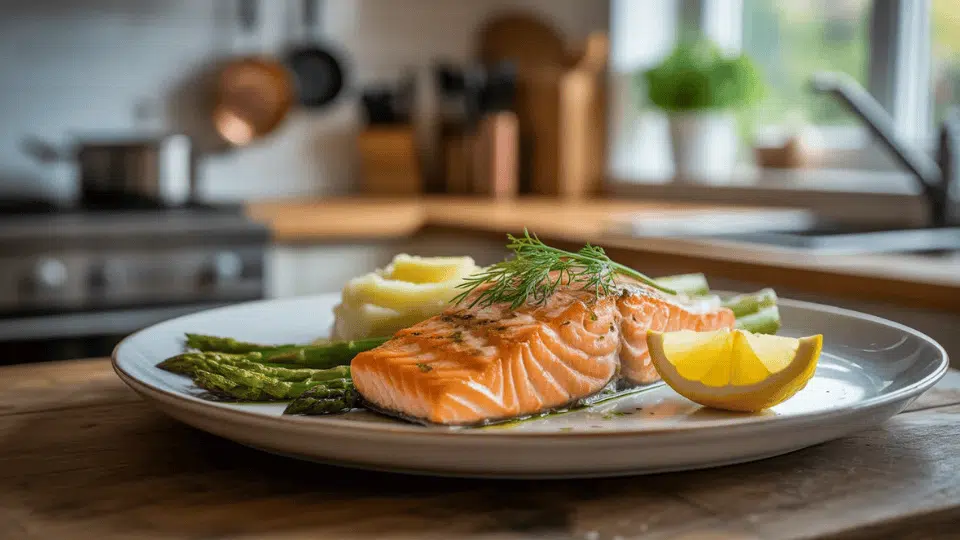 grilled salmon with asparagus mashed potatoes and lemon on plate in bright kitchen with natural light and fresh setup (1)
