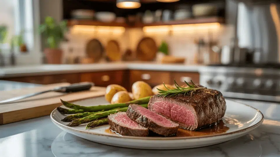 grilled steak with asparagus and potatoes on plate in modern kitchen setting with warm lighting and clean countertop (1)