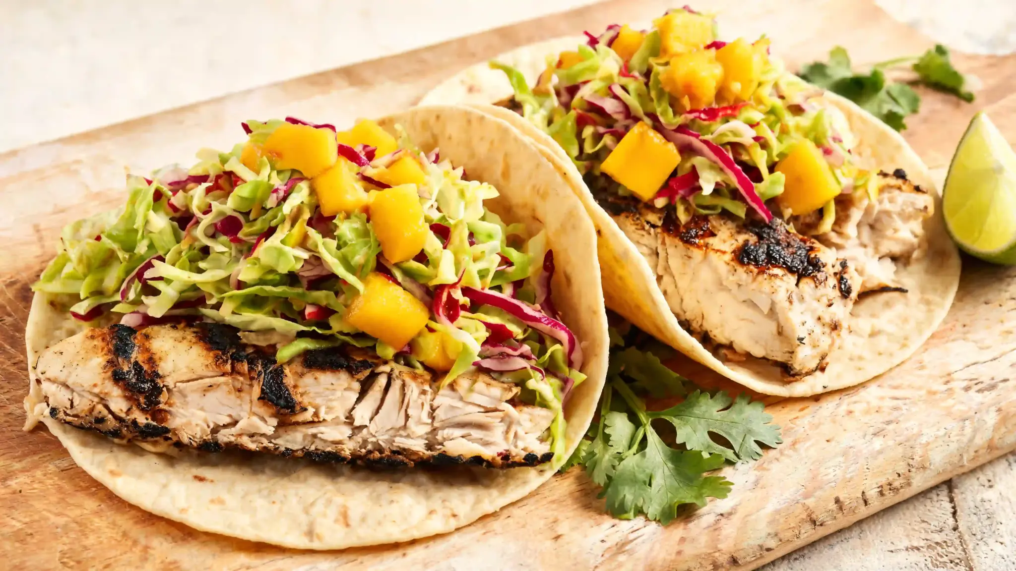 grilled white fish tacos topped with fresh mango slaw on soft corn tortillas for a light meal.