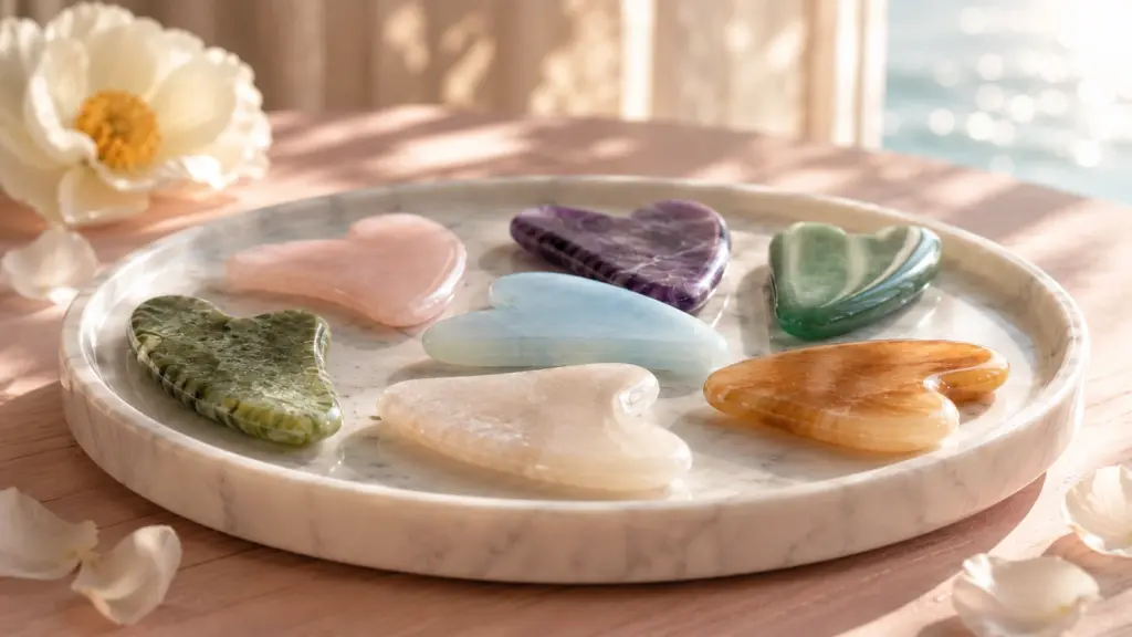 gua sha stones in assorted colors rest on a marble tray on a pink table, lit by soft window sunlight
