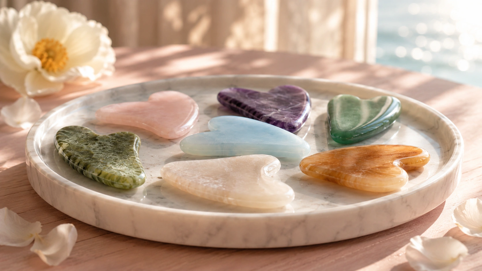 gua sha stones in assorted colors rest on a marble tray on a pink table, lit by soft window sunlight