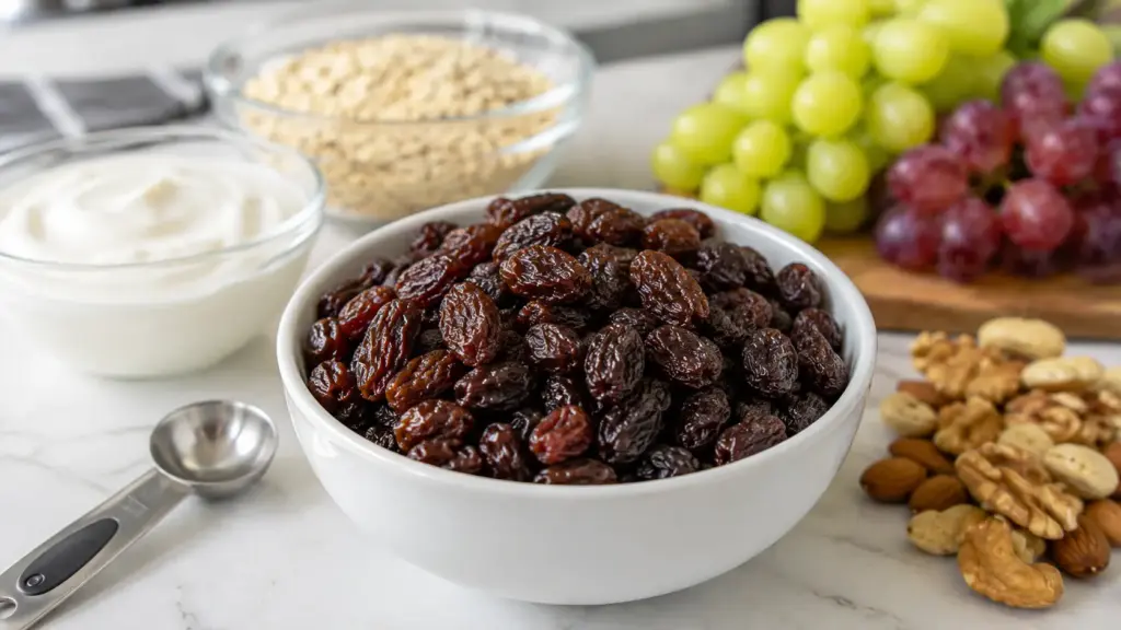 health benefits of raisins with a small serving, oats, yogurt, nuts, and grapes
