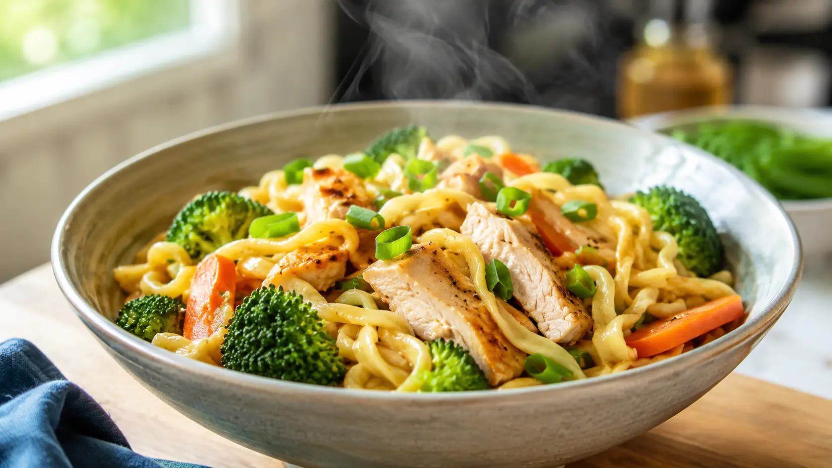 healthy egg noodles with grilled chicken, broccoli, carrots, and real eggs in a bowl
