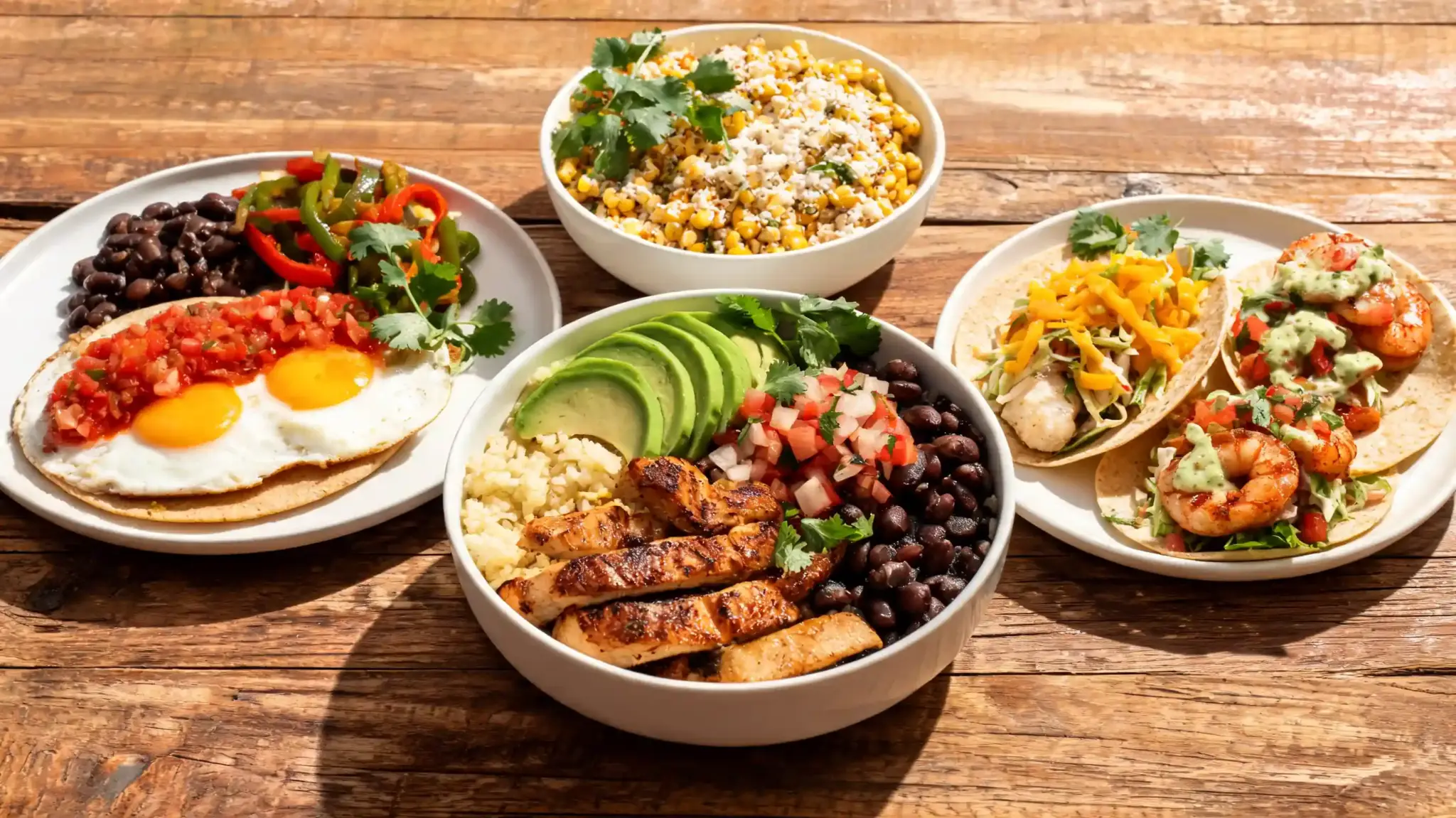 healthy mexican dishes featuring huevos rancheros, grilled chicken burrito bowl, fish tacos, and street corn salad
