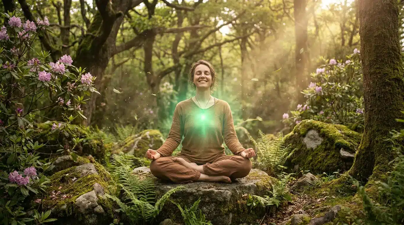 heart chakra green light at chest with meditating figure in nature symbolizing love compassion and emotional balance