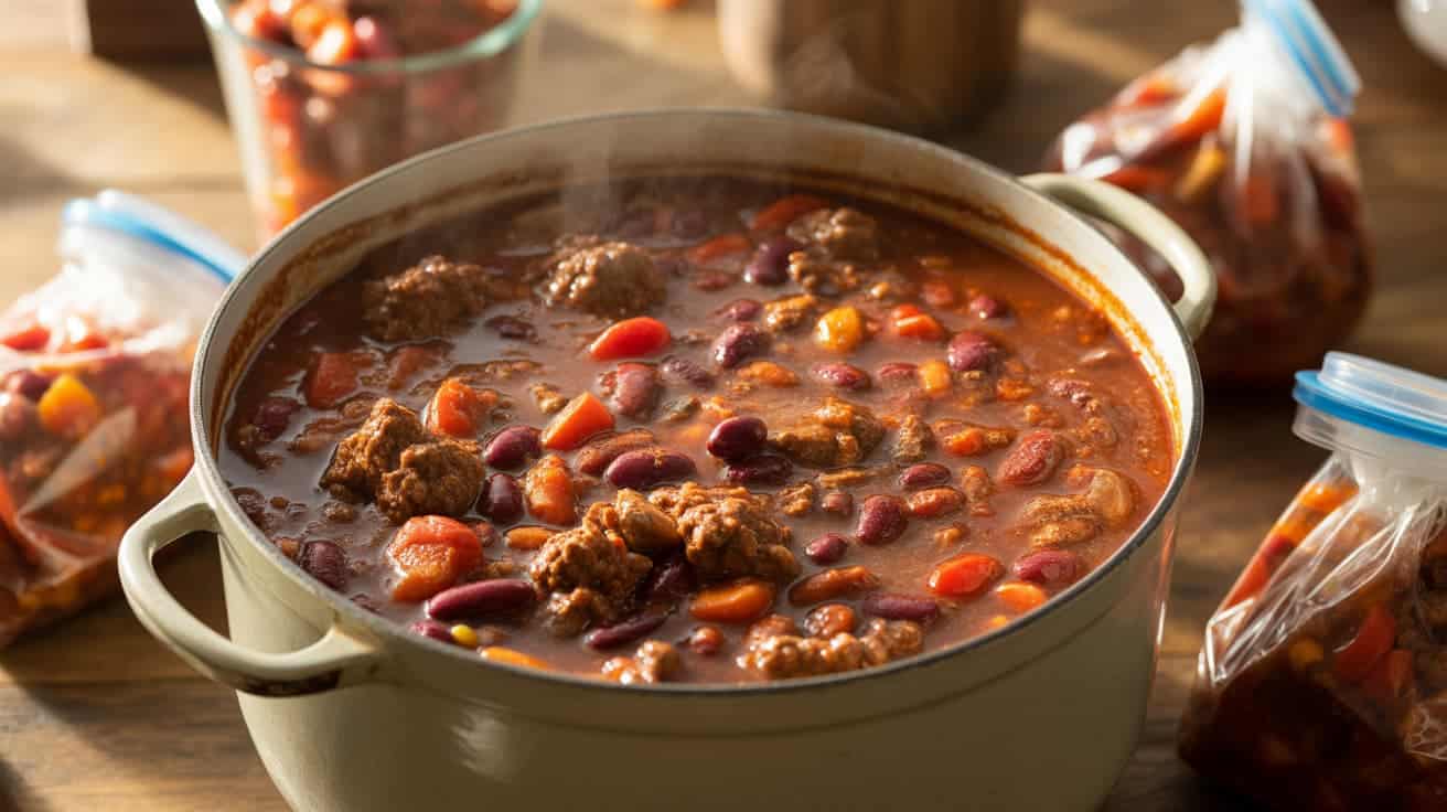 hearty bowl of chili with ground beef, beans, and tomatoes