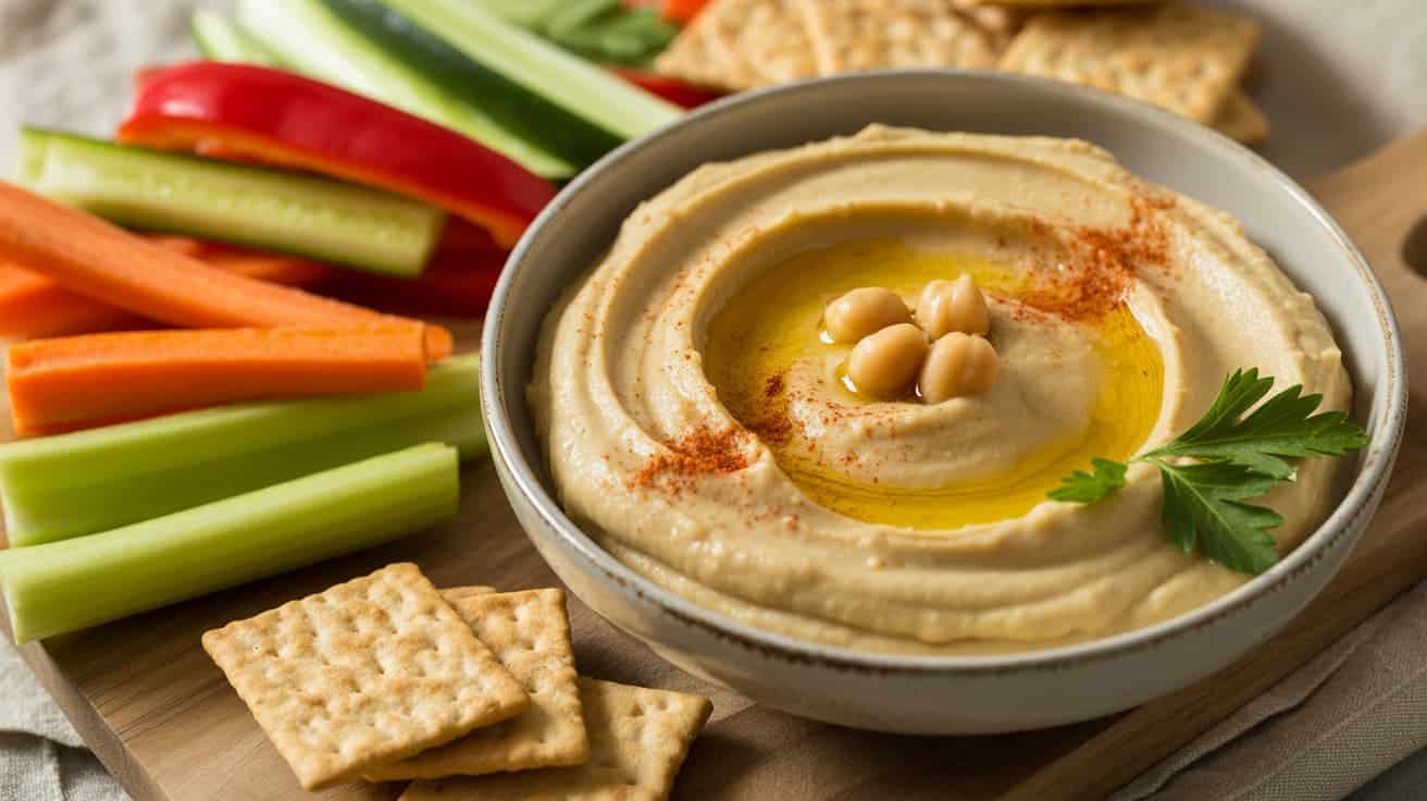 homemade garlic hummus served with veggie sticks for dipping