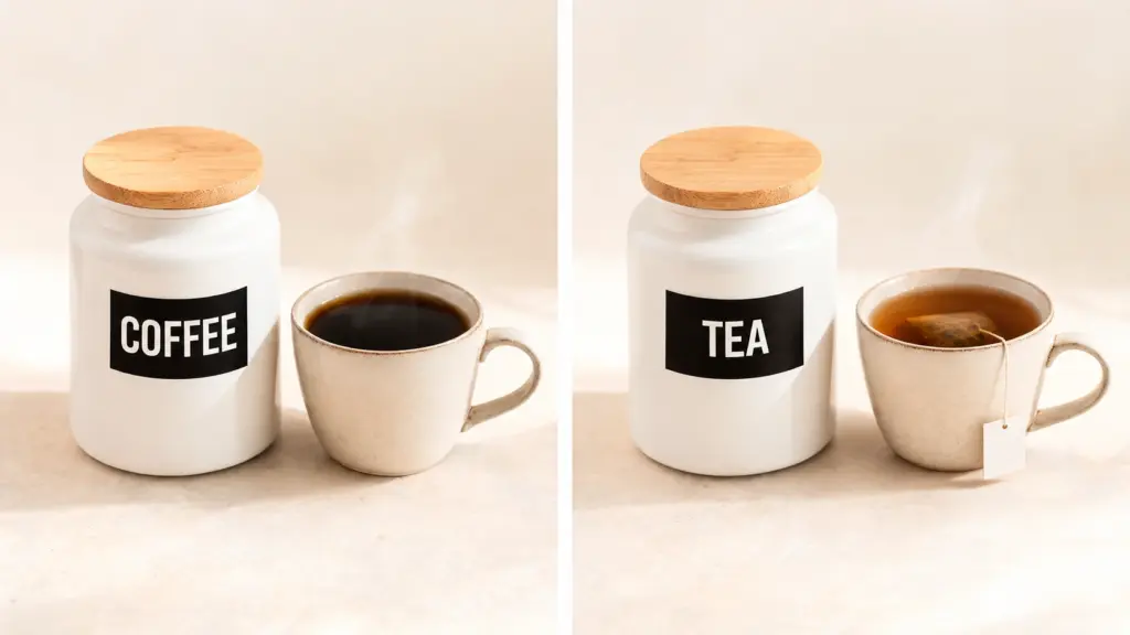 jar labeled coffee with black coffee mug beside it, and jar labeled tea with tea cup and teabag on light kitchen surface