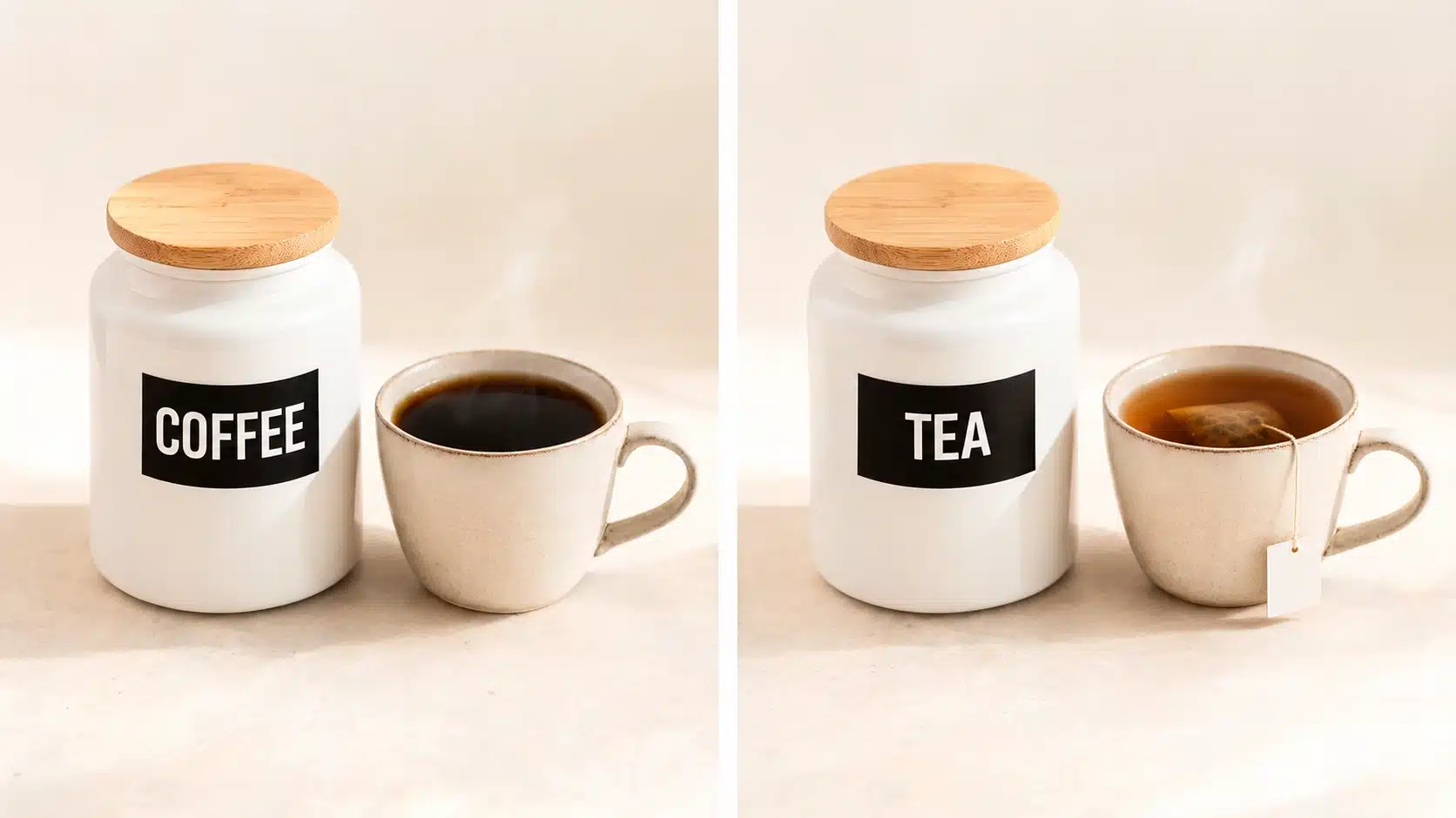 jar labeled coffee with black coffee mug beside it, and jar labeled tea with tea cup and teabag on light kitchen surface