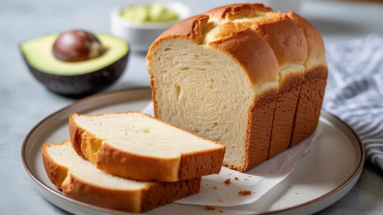 keto bread slices with light, airy crumb, served with avocado dip on the side