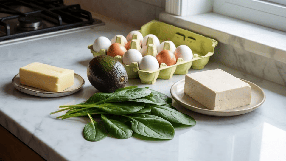 keto-friendly foods including eggs, butter, avocado, spinach and tofu on a marble kitchen counter