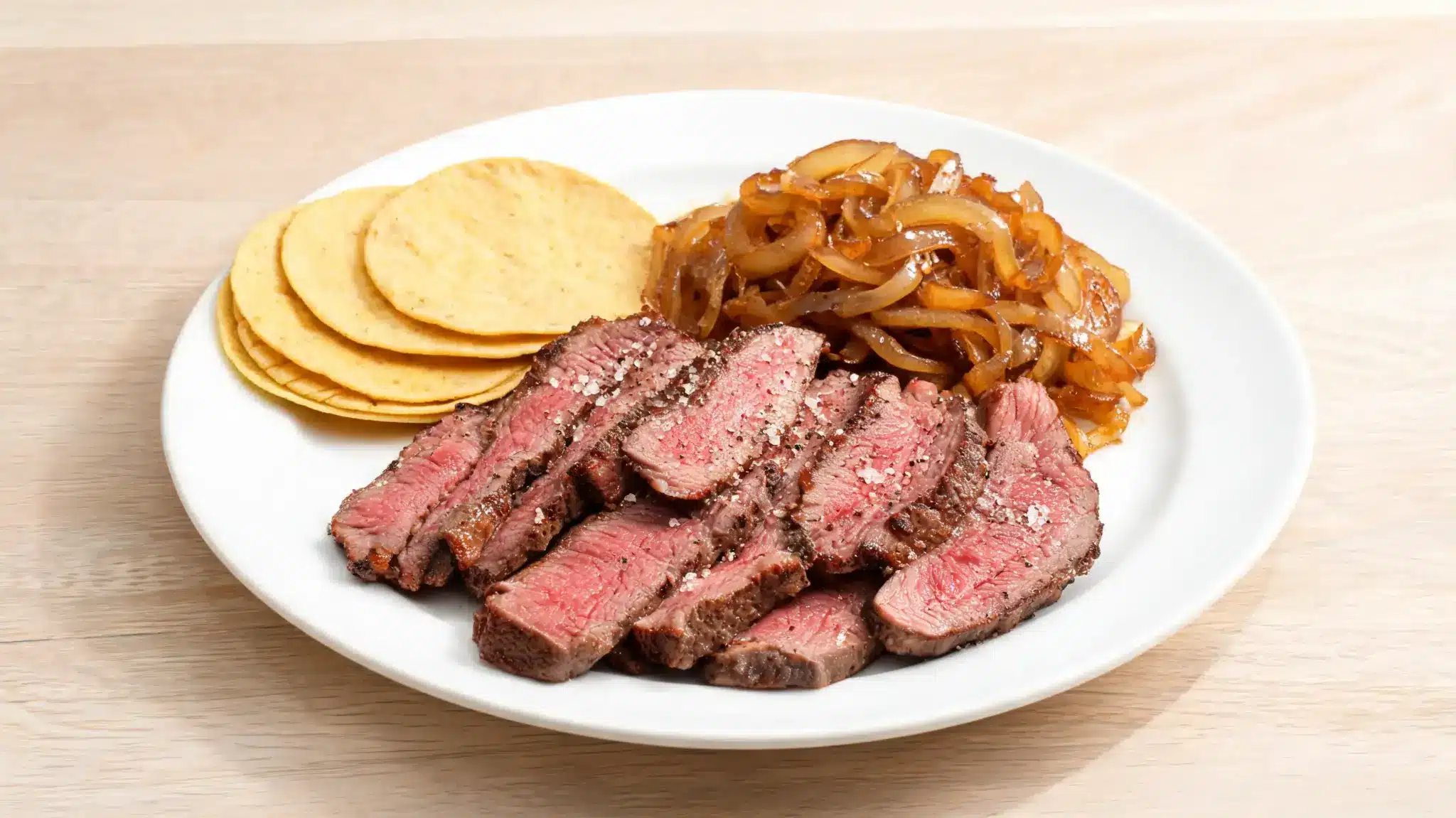 lean steak with caramelized onions served with corn tortillas for a hearty, savory dish