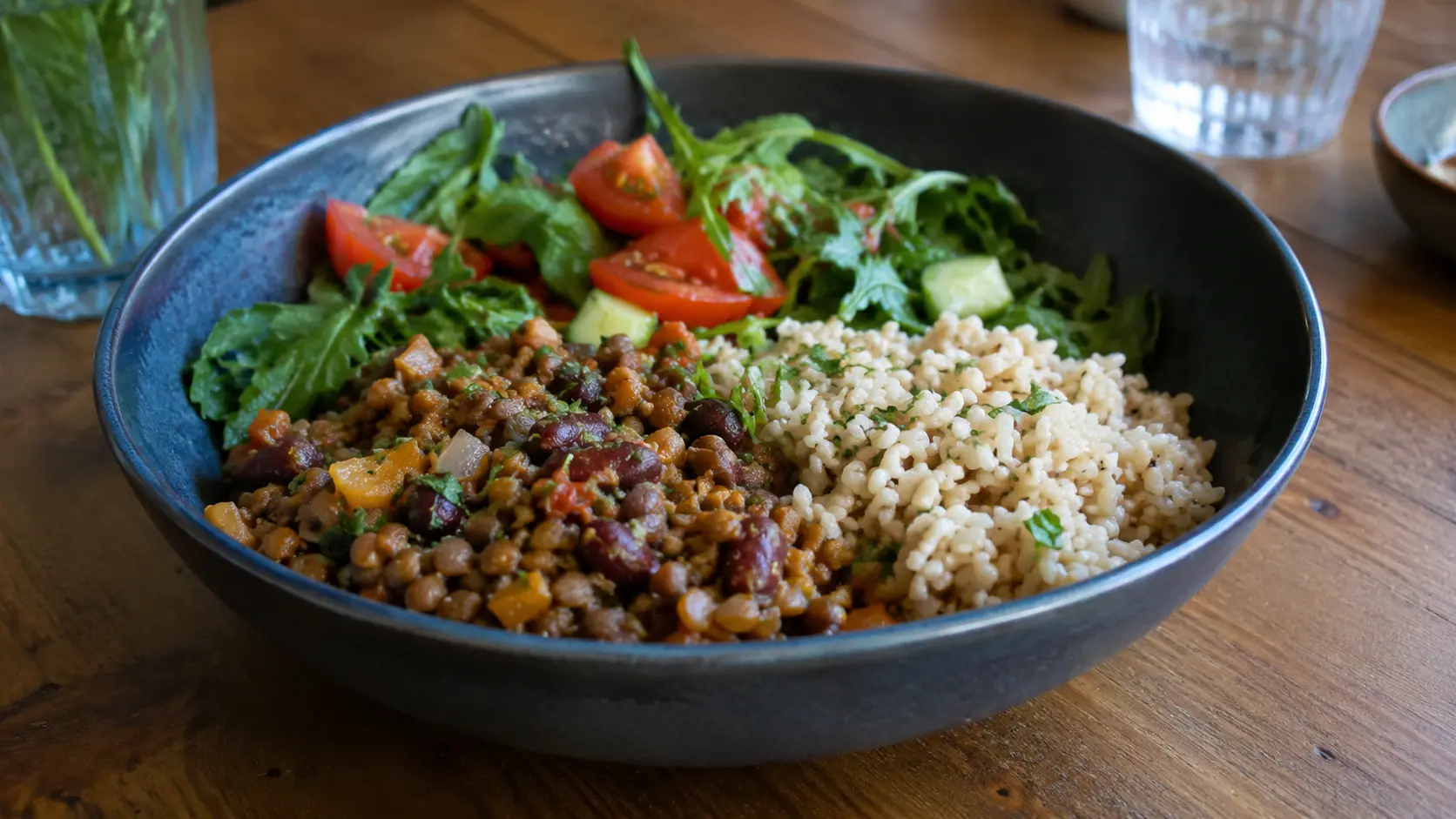 lentil and bean bowl with tomatoes greens and rice