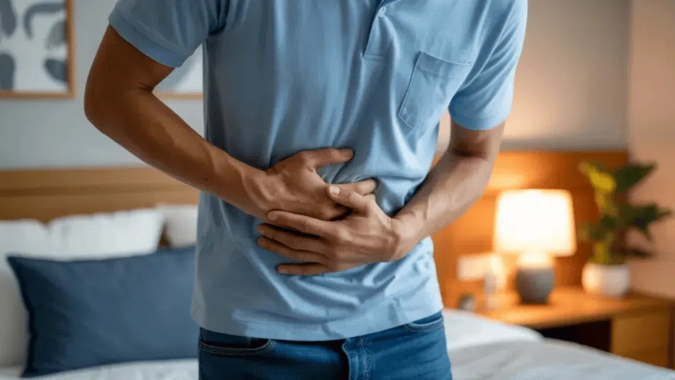 man clutching abdomen and lower back in discomfort standing in a softly lit bedroom