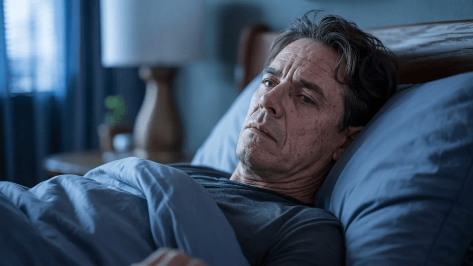 man lying awake at night too tired to sleep with dull blemished skin from liver overload