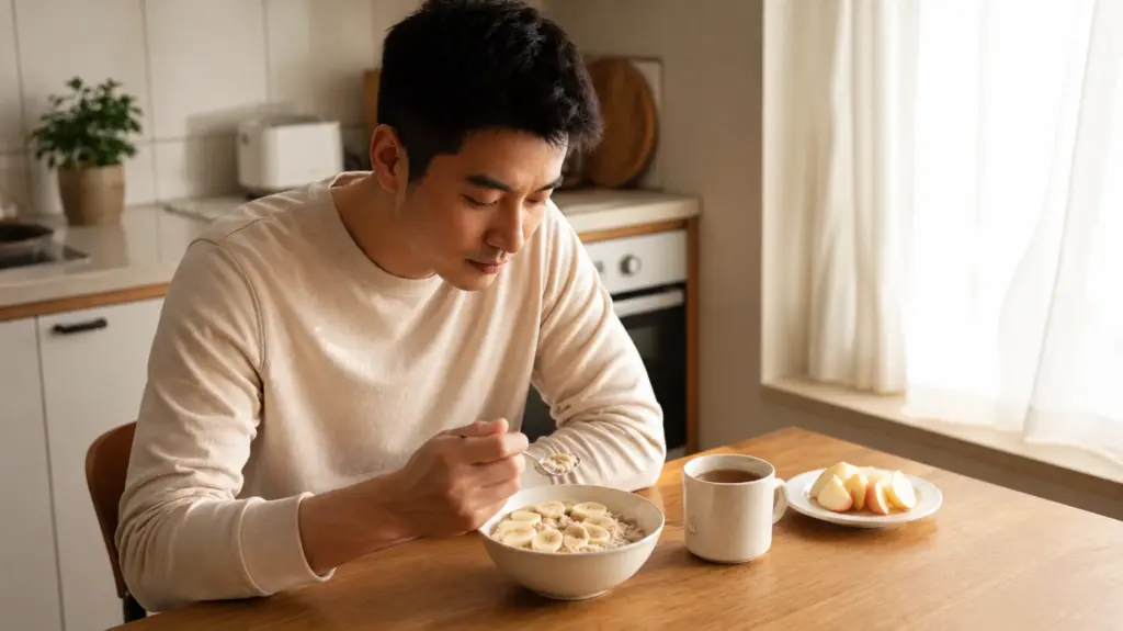 man satisfied eating oatmeal with banana beside tea and apple slices at a wooden table in a sunlit kitchen
