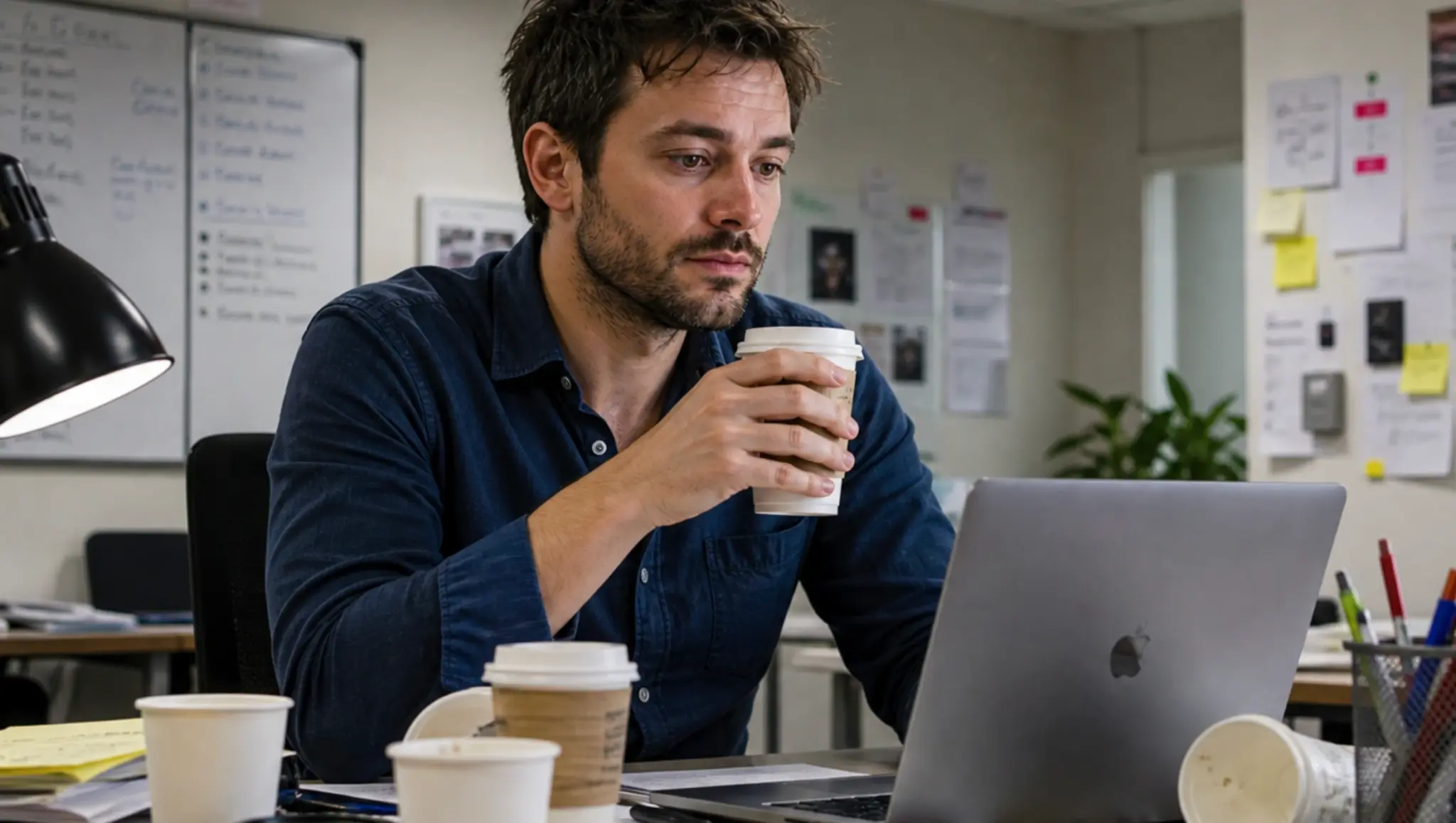 man sitting at cluttered desk holding coffee cup, looking at laptop, multiple empty cups and papers scattered around