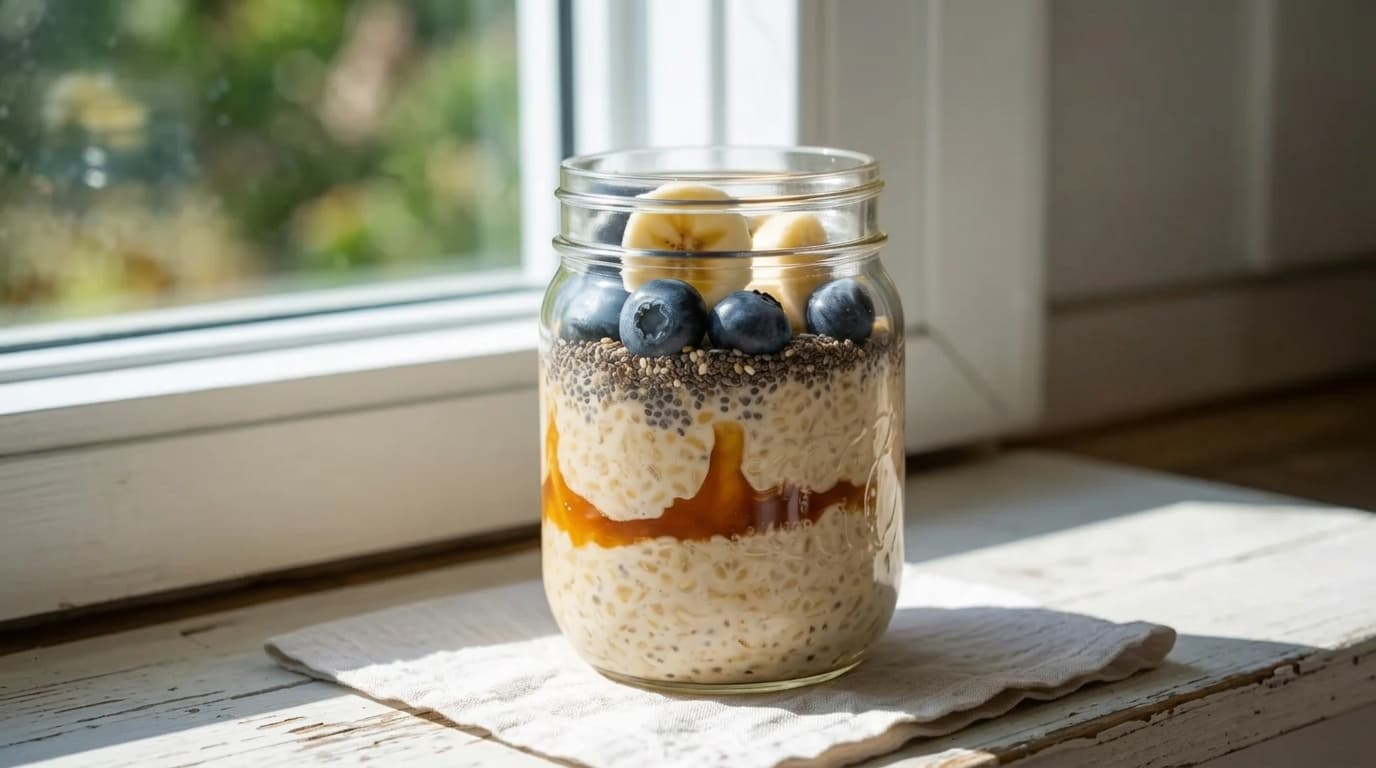 mason jar of overnight oats with chia seeds and fruit topping