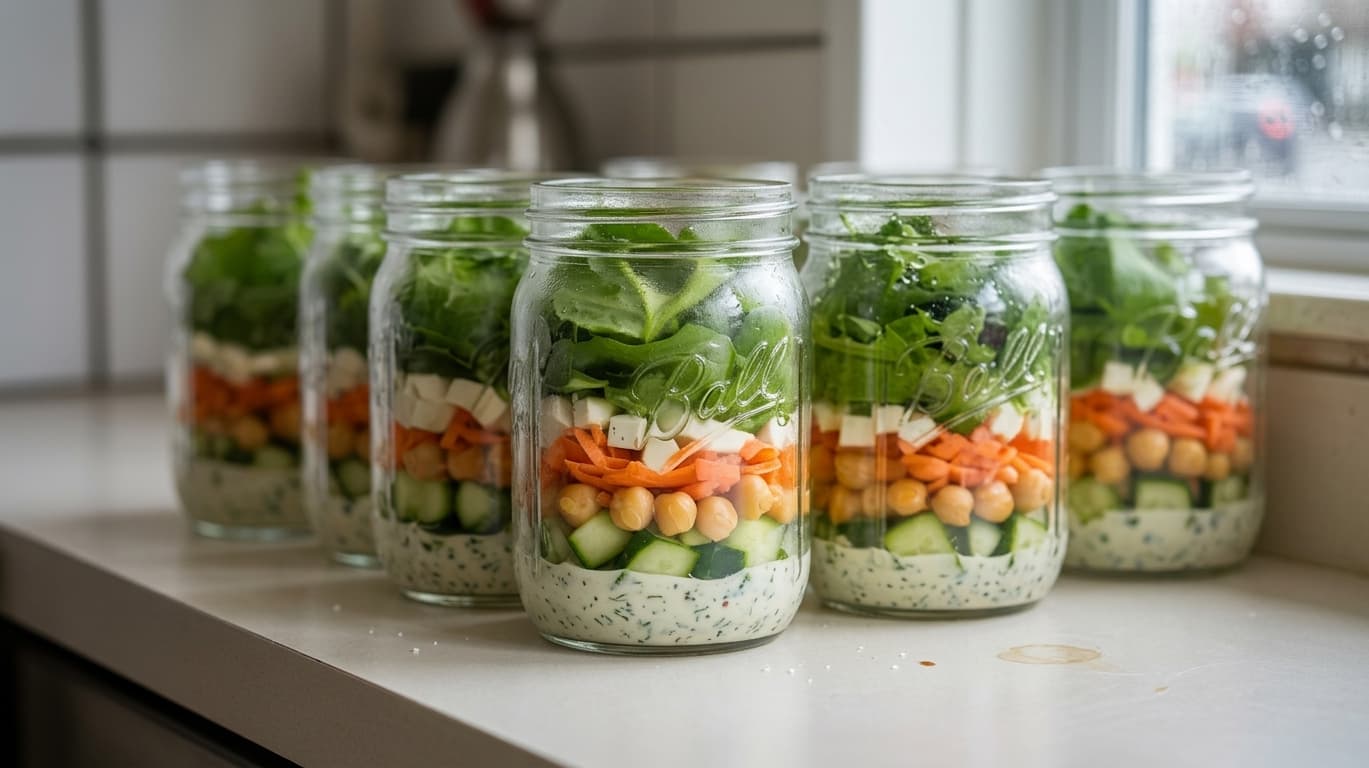mason jar salad layered with vegetables, chickpeas, and feta cheese