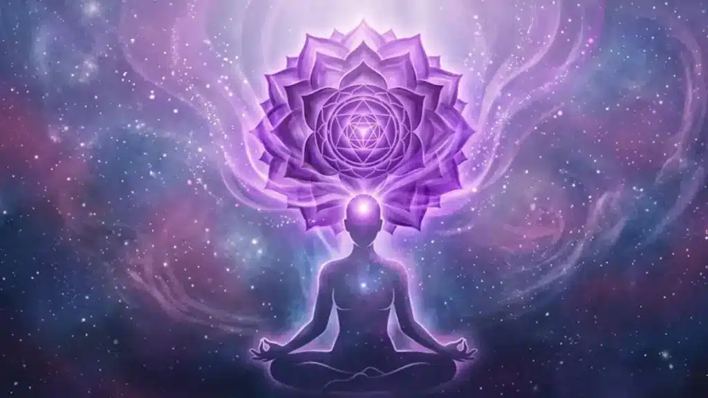 meditative silhouette under a cosmic crown chakra lotus, with a glowing mandala in a starry nebula with purple wisps