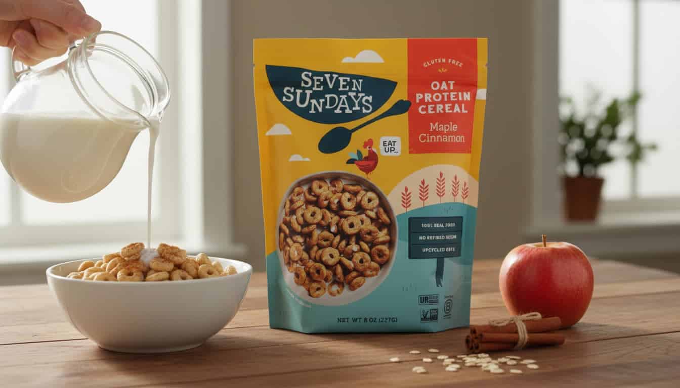 milk being poured into a bowl beside oat protein cereal with apple and cinnamon on wooden table (1)