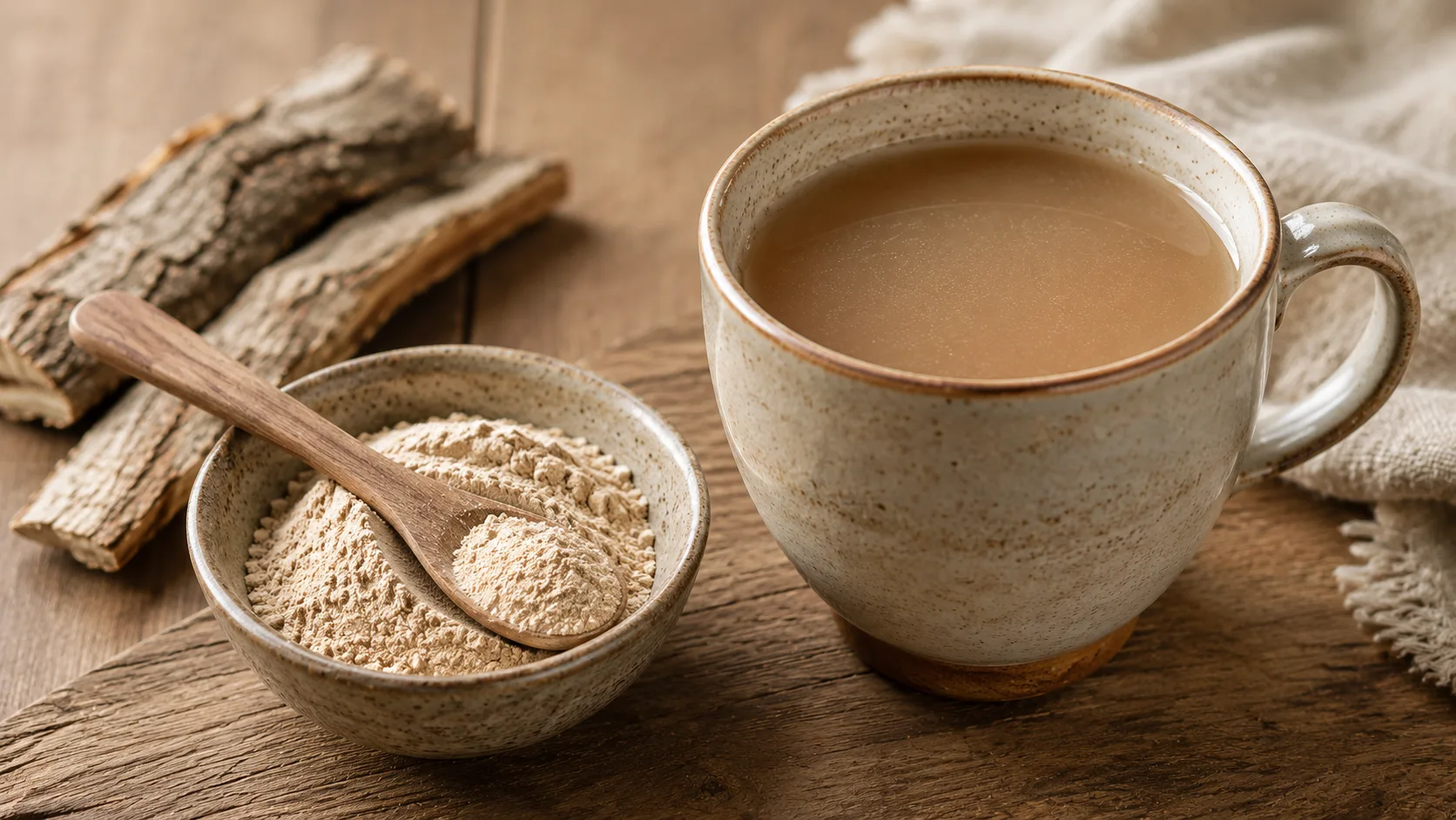 mug of slippery elm tea beside bowl of slippery elm powder and wooden spoon on rustic wooden tabletop background