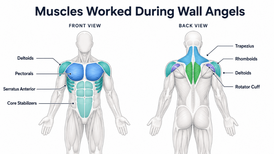 muscles worked during wall angels including shoulders upper back chest rotator cuff and core